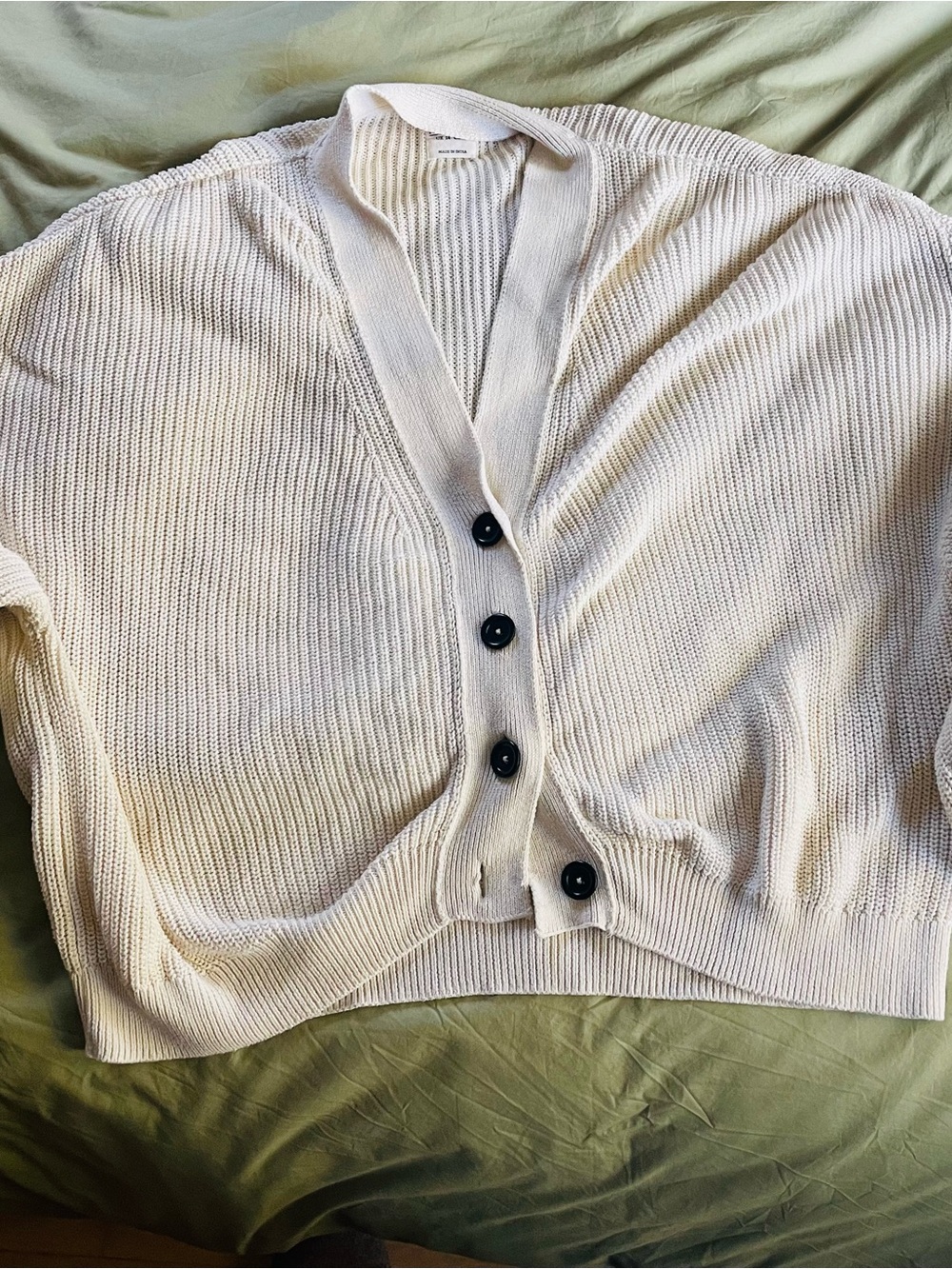 People Tree Organic Cotton Cropped Cardigan Cream Ribbed Knit Oversized US 10